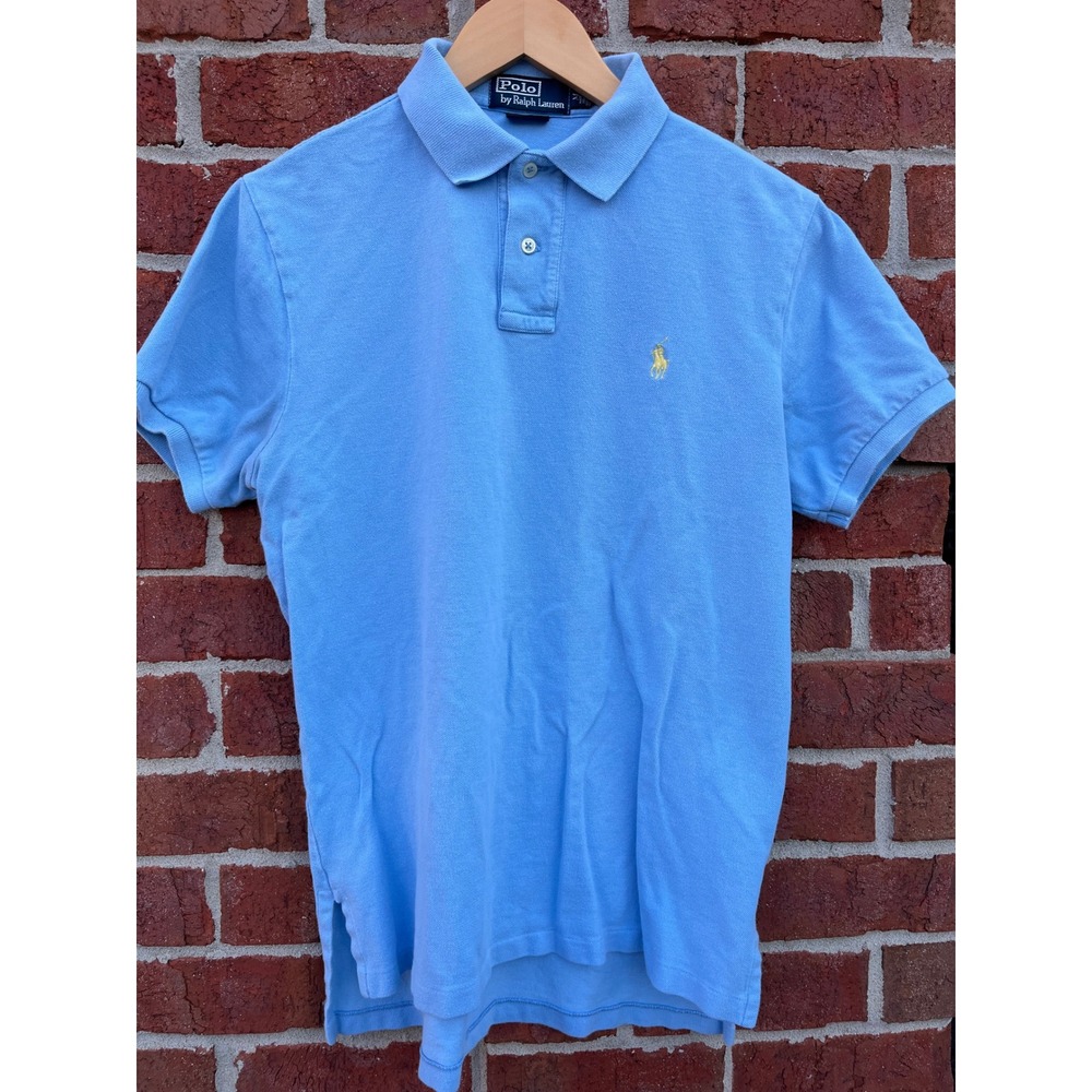 Polo Ralph Lauren Mens Custom Fit Pique Polo Shirt Light Blue Yellow Pony Medium